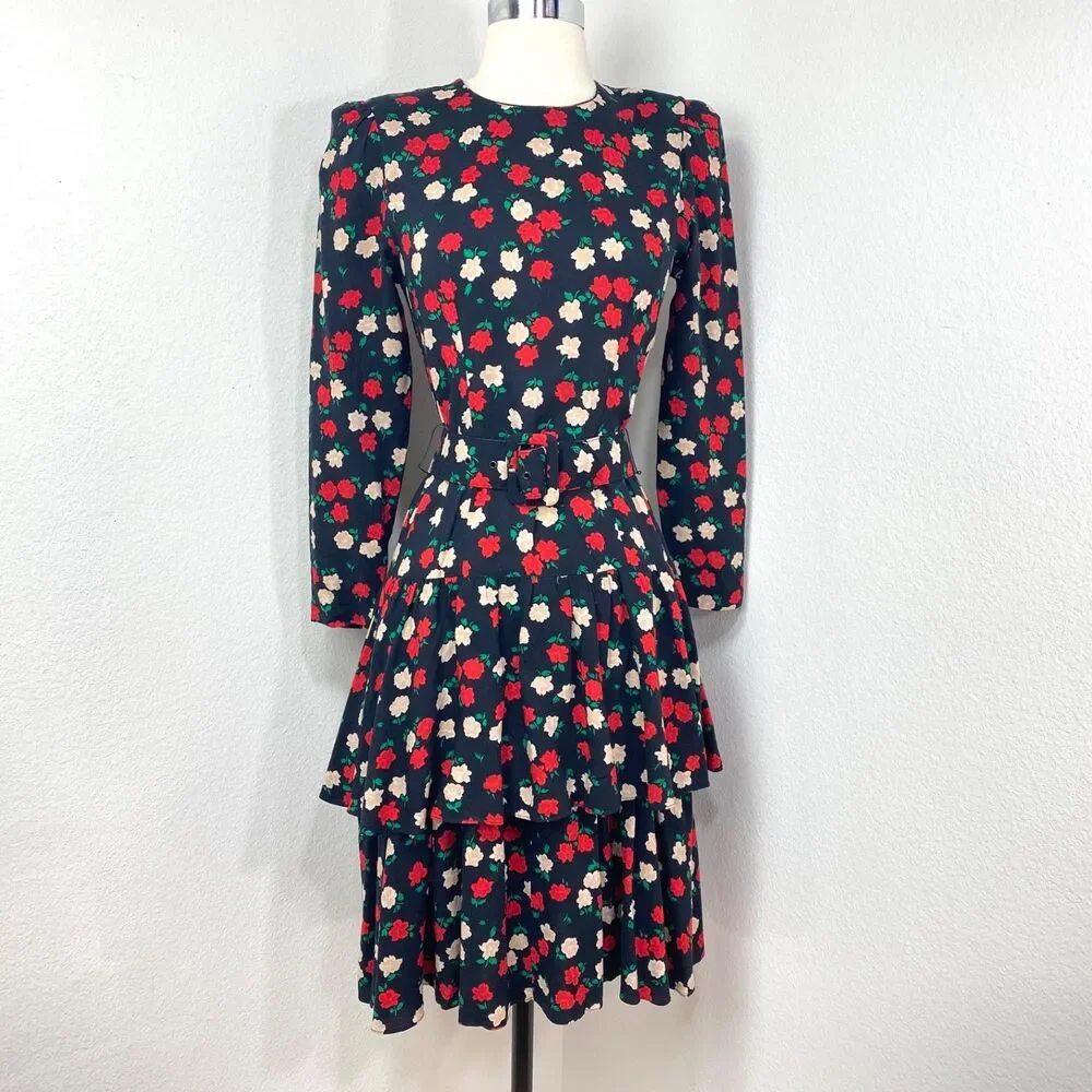 Vtg 80 Drop Waist Layered Skirt Floral Rayon Dress Small Long Sleeve Belt Modest
